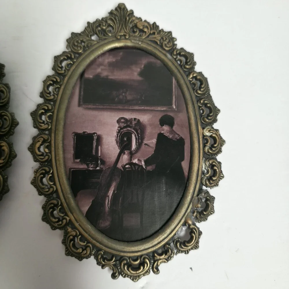 Vtg Ornate Brass Tone Oval Wall Art Whimsigoth Victorian Italian Pair Set Frame